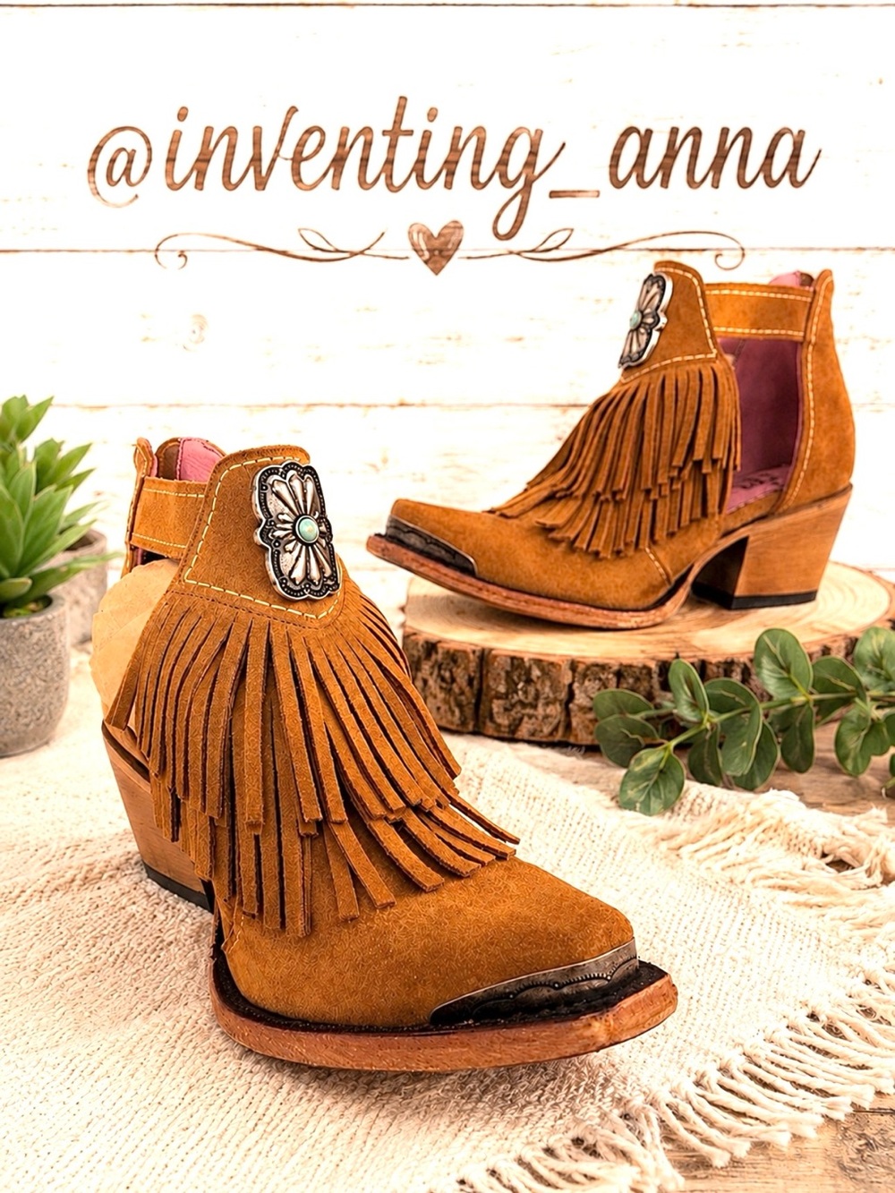 JUNK GYPSY by LANE Tan Suede Leather Booties w/Faux Turquoise Accent and Fringe